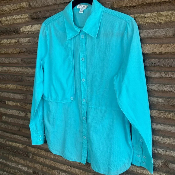 Carlisle Per Se Turquoise 100% Cotton Tunic Blouse Shirt Size 10 - Picture 4 of 6